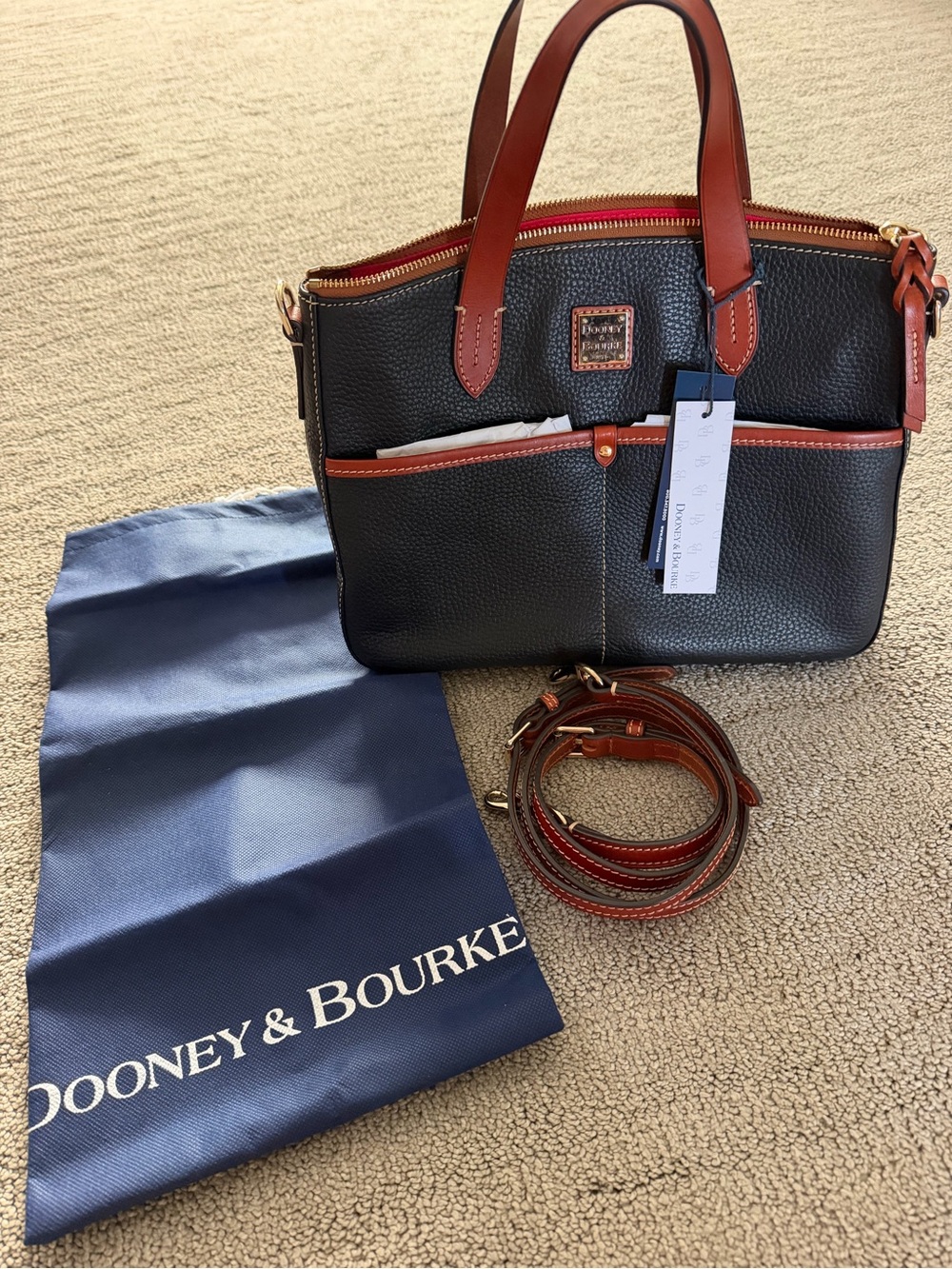 Dooney & Bourke Black Pebble Leather Tote with Brown Trim and Gold Hardware